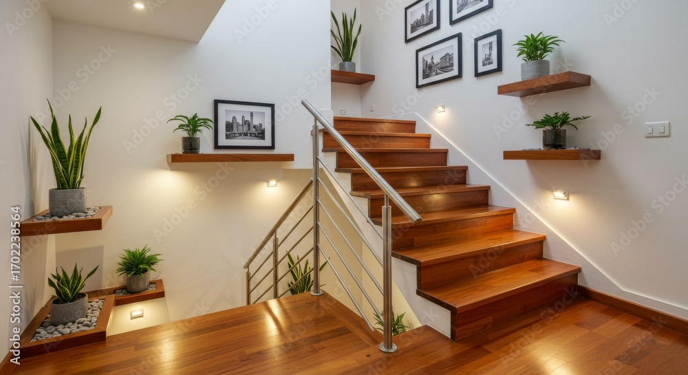 Obraz premium Wooden Staircase with Floating Shelves, Green Plants, and Framed Cityscape Photography under Warm Ambient Lighting