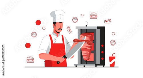 Chef preparing shawarma in a restaurant kitchen with food elements and graphics illustrations