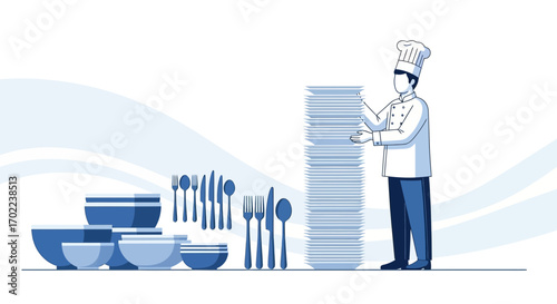 Chef Preparing Table Service for Dining Event with Stacked Plates and Cutlery