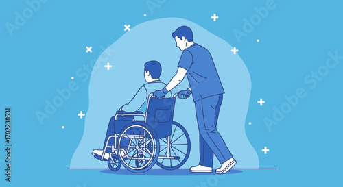 Caring Professional Pushing Person In Wheelchair Helping Assistance And Support