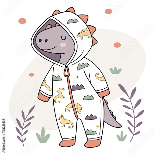 Whimsical cartoon dinosaur wearing a printed hooded jumpsuit perfect for children s apparel and playful designs