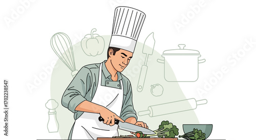 Chef Preparing Vegetables in the Kitchen for Cooking Illustration
