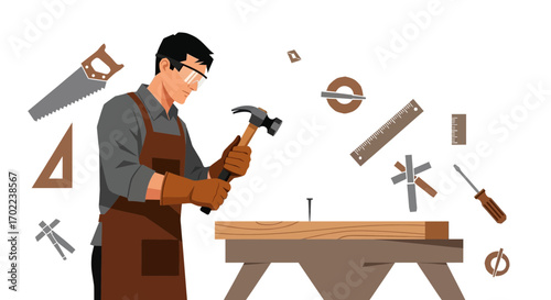 Carpenter Using Hammer and Nail with Tools Ready Illustration for a Craftsmanship Project