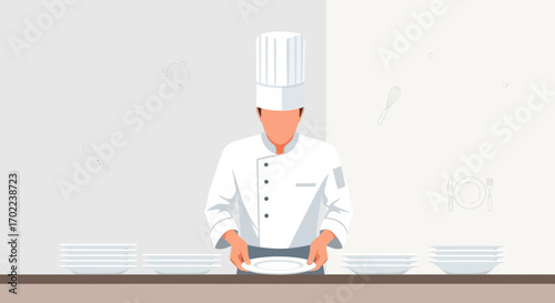 Chef Presenting a Plate in a Restaurant Kitchen, Culinary and Food Service Illustration