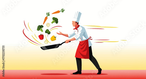 Cartoon Chef Cooking and Flipping Vegetables in a Pan with Food Illustration