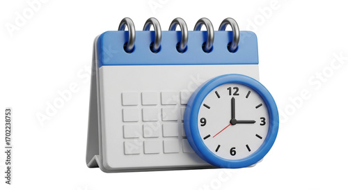 3D calendar and clock icon for scheduling and time management on a Transparent Background