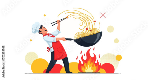 Cartoon chef cooking noodles on the stove, asian food restaurant kitchen illustration