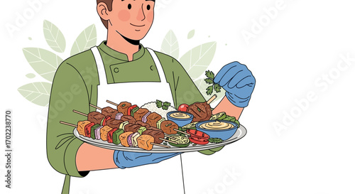 Chef presenting a plate of kebabs with dipping sauces and garnishes, food illustration