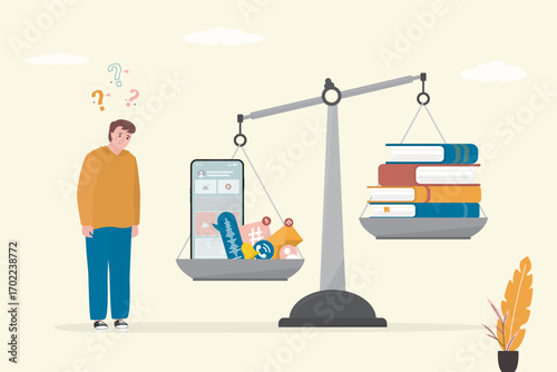 Difficult choice between reading books and waste time with mobile phone. Unbalanced scales, digital addiction. Caucasian unhappy man
