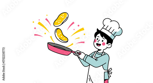 Cartoon Chef Cooking Pancakes in a Frying Pan with Joyful Energy and Enthusiasm