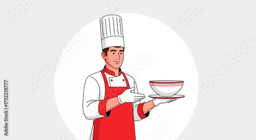 Chef Presenting Culinary Creations With Garnished Bowl, Restaurant Food Service Concept