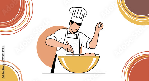 Cartoon Chef Cooking in a Yellow Bowl, Isolated on White Background