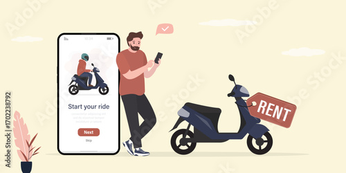 Bike, moped for rent, male customer uses mobile phone for renting and payment motorcycle. App for renting scooter. Urban transport. Online service, modern technologies.