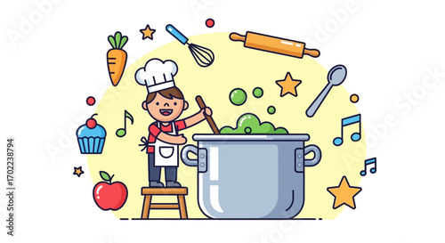 Cartoon chef cooking something in a pot with musical notes and various food items