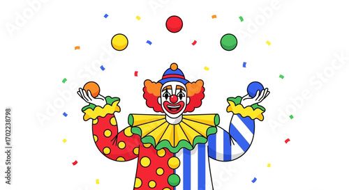 Cartoon clown juggling colorful balls and confetti with a happy and cheerful expression