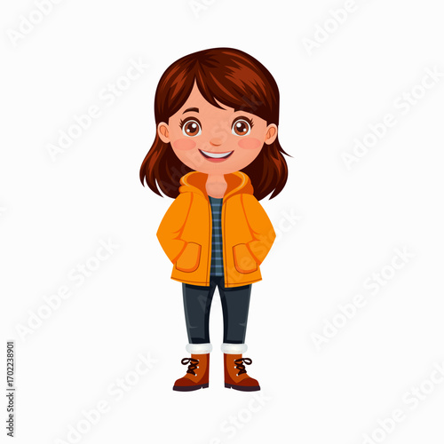 Girl with brown hair stands in a yellow raincoat and brown boots, smiling. Vector illustration on an autumn theme. White background