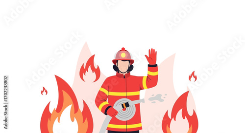 Cartoon firefighter amid flames, concept for fire safety, rescue, and emergency services