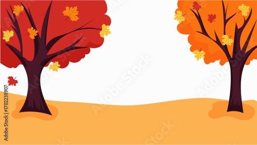 Autumn landscape with yellow ground, orange and red trees with falling leaves. Vector background for seasonal designs