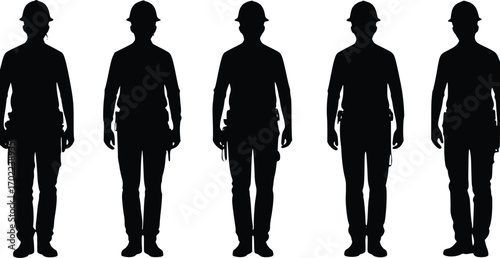 A set of five identical solid black silhouettes of a construction worker or engineer wearing a hard hat, standing in a straight-on, full-body pose, against a clean white background.

