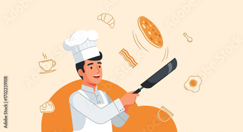 Chef Skillfully Flips Pancakes and Breakfast Food for Delightful Culinary Creation