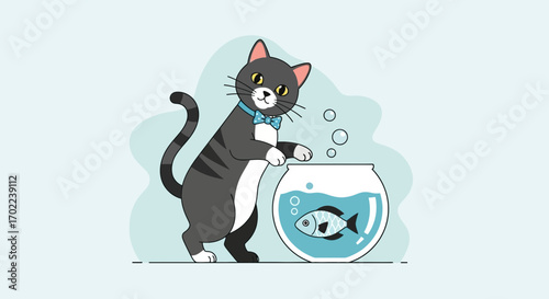 Cartoon illustration of a cat wearing a bow tie interacting with a fish bowl