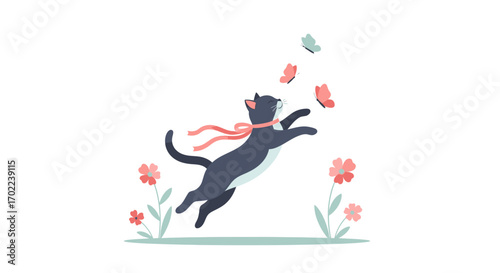 Cartoon illustration of a cat jumping to catch butterflies in a garden with flowers