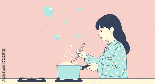 Cartoon Illustration Depicting Young Woman Cooking Morning Meal In Her Kitchen And Bubbles