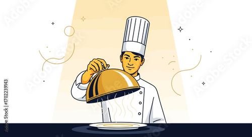 Chef Revealing Gourmet Dish Illustration Perfect for Food and Culinary Industry Designs
