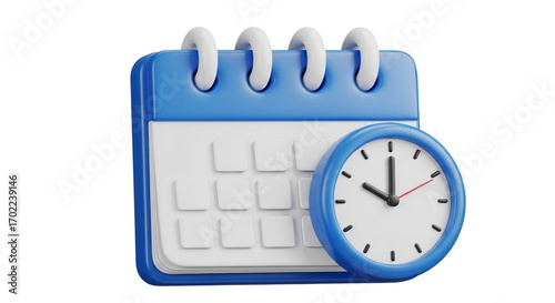 3D calendar and clock icon for time management and appointment scheduling on a Transparent Background