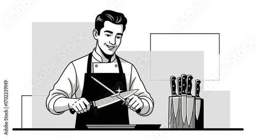 Chef sharpening a knife with a sharpener and knife set on a cutting board in comic style