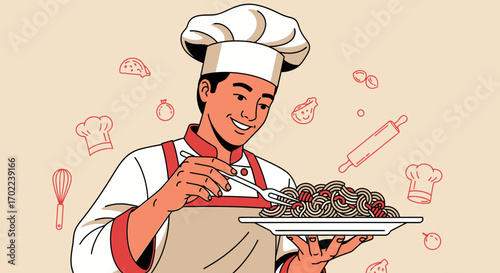 Chef Serving Pasta Dish: Culinary Professional With Smiling Expression and Delicious Food