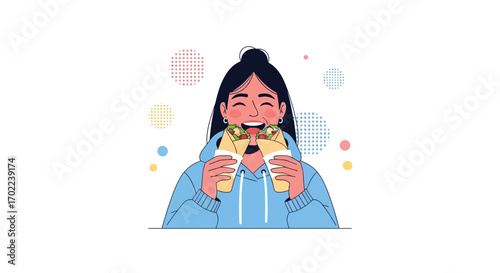 Cartoon illustration of a cheerful girl eating a delicious wrap, concept of fast food