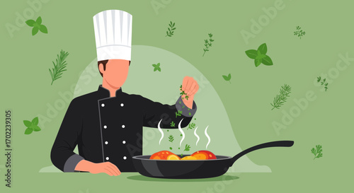 Chef Sprinkling Fresh Herbs on Pan-Seared Food, Illustrating Culinary Arts and Gourmet Dishes