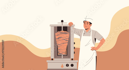 Chef Stands Proudly Beside Roasting Shawarma, A Culinary Delight Illustration