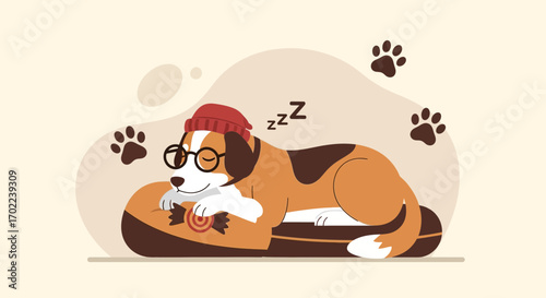Cartoon illustration of a cute dog wearing glasses and a hat is sleeping peacefully