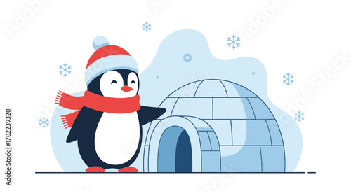 Cartoon illustration of a cute penguin wearing a hat and scarf next to an igloo
