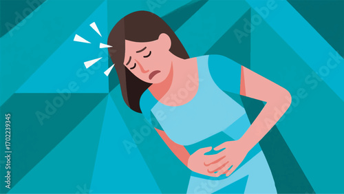 illustration of a woman having a stomach ache and experiencing menstrual pain vector design template