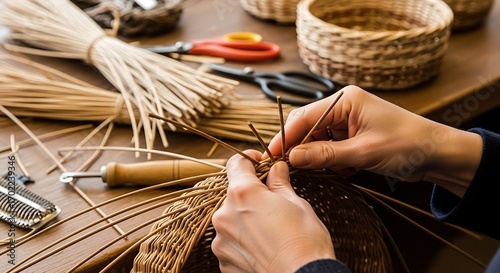 Close-up view of hands weaving a basket with crafting materials present