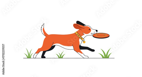 Cartoon illustration of a dog playing fetch with a frisbee on a white background
