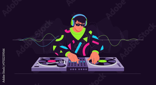 Cartoon Illustration of a DJ Playing Music with Turntables and Sound Waves