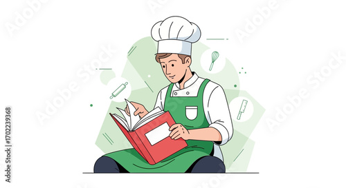 Chef Studying Culinary Arts From Illustrated Cookbook For Cooking Inspiration and Recipes