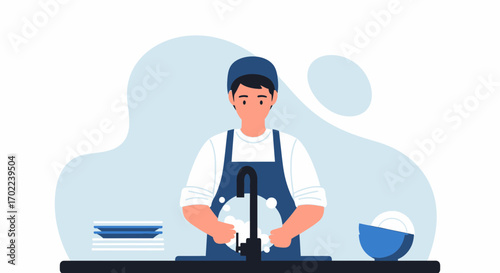 Cartoon illustration of a person washing dishes in a sink with soap and water