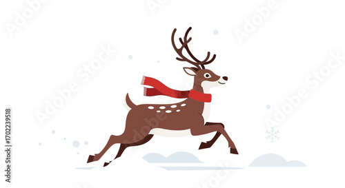 Cartoon illustration of a reindeer wearing a scarf jumping over clouds on a white background