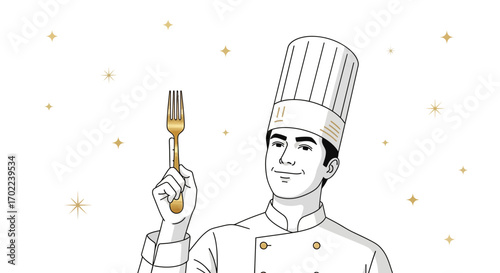 Chef with fork, holding golden fork, professional cook, culinary expert, restaurant
