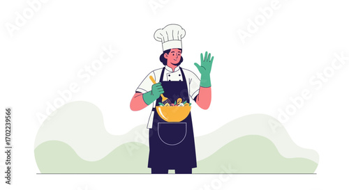 Chef Woman Presenting Fresh Salad in Bowl with a Cheerful Gesturing Hand Wave