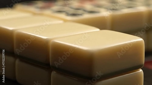 Close-up of stacked ivory mahjong tiles with intricate symbols, evoking tradition and strategy.