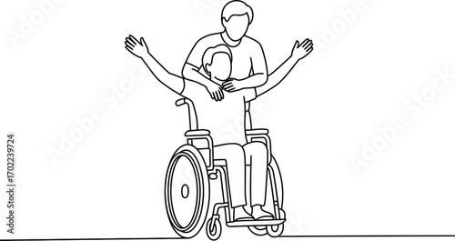 Person in wheelchair celebrating victory with arms raised and sports equipment