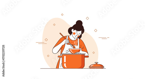 Cartoon illustration of a woman cooking soup in a pot inside a kitchen