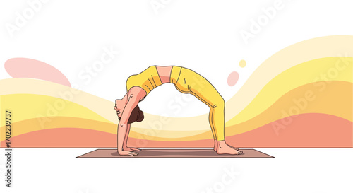 Cartoon illustration of a woman in yoga pose, bridge pose, on mat in studio