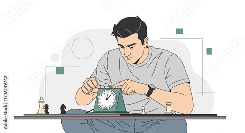 Chess Player Activating Timer During Game, Strategic Thinking And Time Management Concept